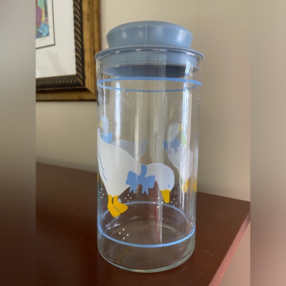 Libbey Other - Vintage Clear Glass Canister Country Geese With Blue Plastic Lid Jar Libbey